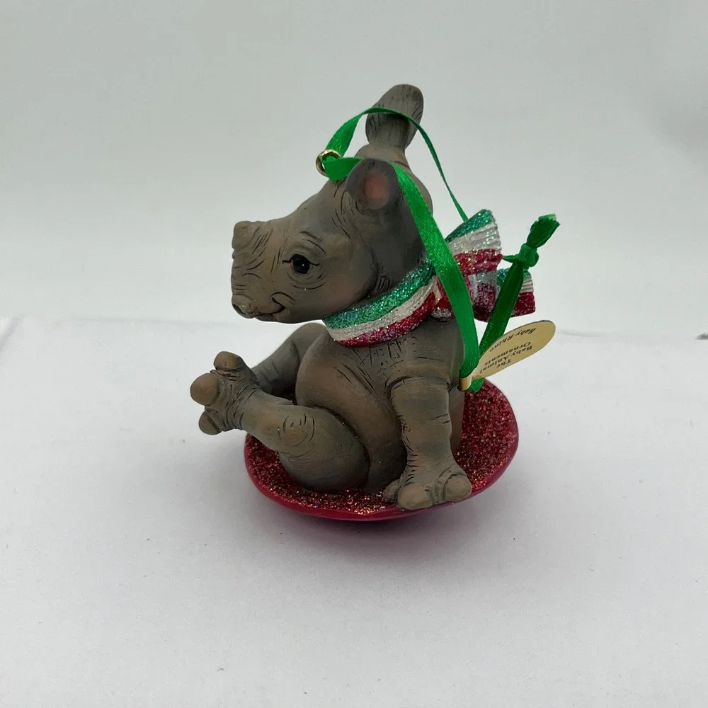 Danbury Mint Baby Rhino Christmas Ornament Glitter Sled Scarf Holiday Decor